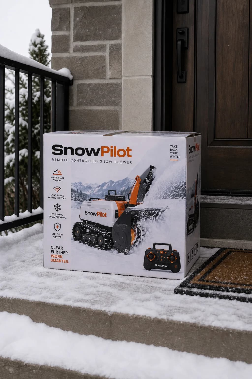 SnowPilot box delivered to a snowy front porch